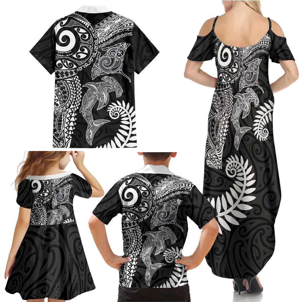 Aotearoa Maori Sea Animals Tribal Family Matching Summer Maxi Dress and Hawaiian Shirt Manta Ray and Shark Moko Pattern Black Color LT03 - Polynesian Pride