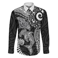 Aotearoa Maori Sea Animals Tribal Family Matching Summer Maxi Dress and Hawaiian Shirt Manta Ray and Shark Moko Pattern Black Color LT03 Dad's Shirt - Long Sleeve Black - Polynesian Pride