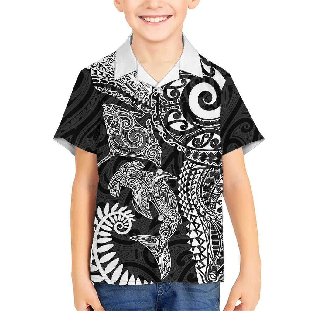 Aotearoa Maori Sea Animals Tribal Family Matching Summer Maxi Dress and Hawaiian Shirt Manta Ray and Shark Moko Pattern Black Color LT03 Son's Shirt Black - Polynesian Pride