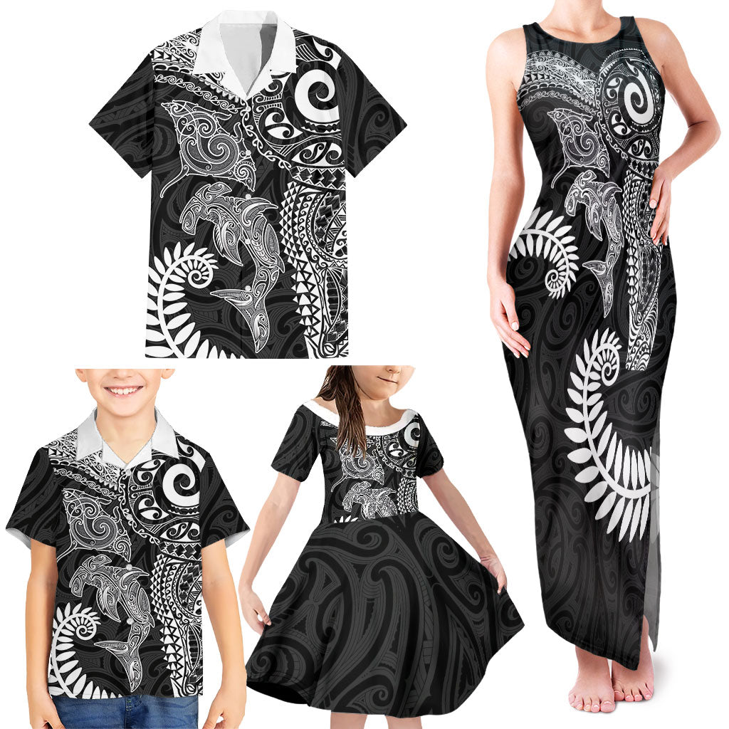 Aotearoa Maori Sea Animals Tribal Family Matching Tank Maxi Dress and Hawaiian Shirt Manta Ray and Shark Moko Pattern Black Color LT03 - Polynesian Pride