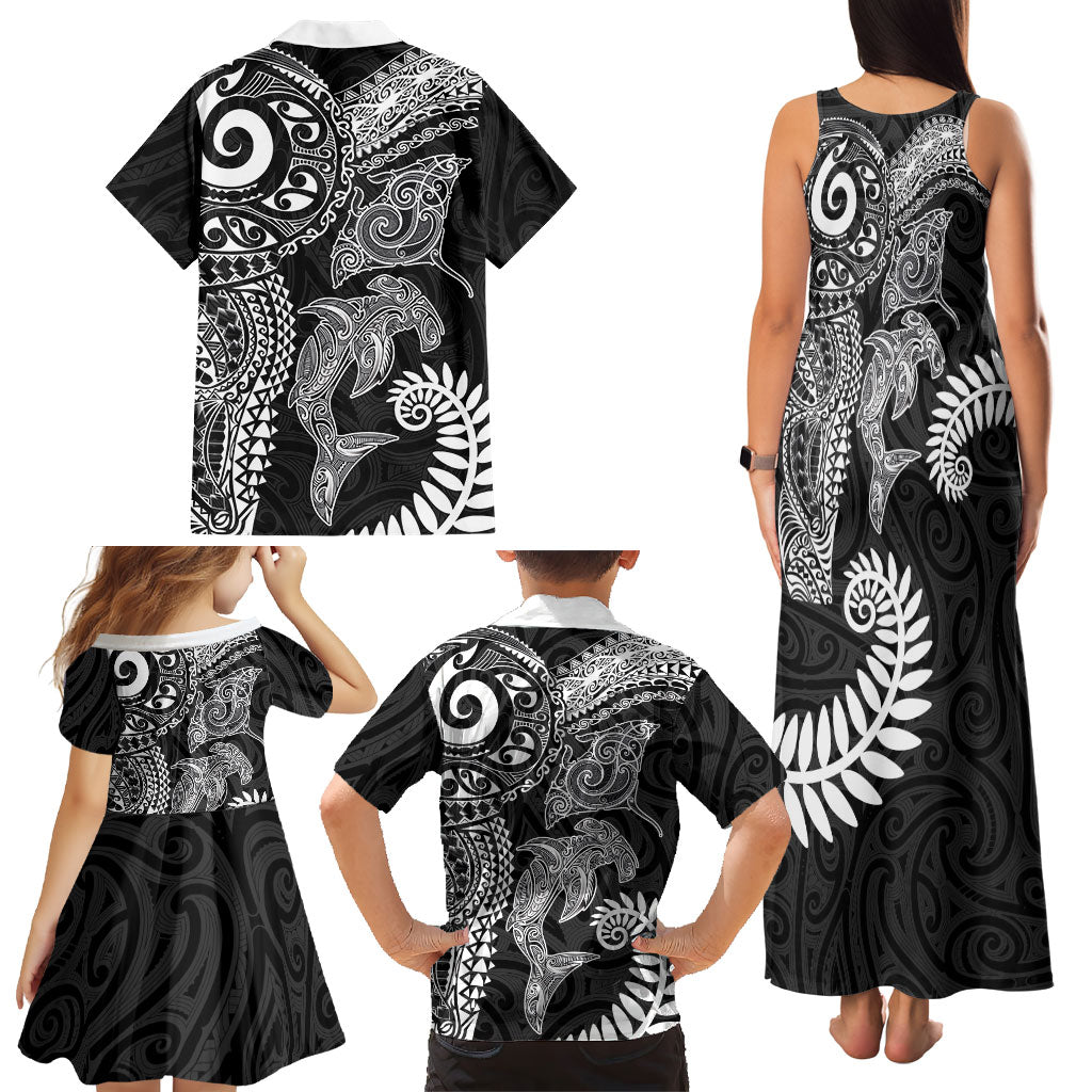 Aotearoa Maori Sea Animals Tribal Family Matching Tank Maxi Dress and Hawaiian Shirt Manta Ray and Shark Moko Pattern Black Color LT03 - Polynesian Pride