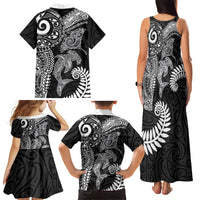 Aotearoa Maori Sea Animals Tribal Family Matching Tank Maxi Dress and Hawaiian Shirt Manta Ray and Shark Moko Pattern Black Color LT03 - Polynesian Pride