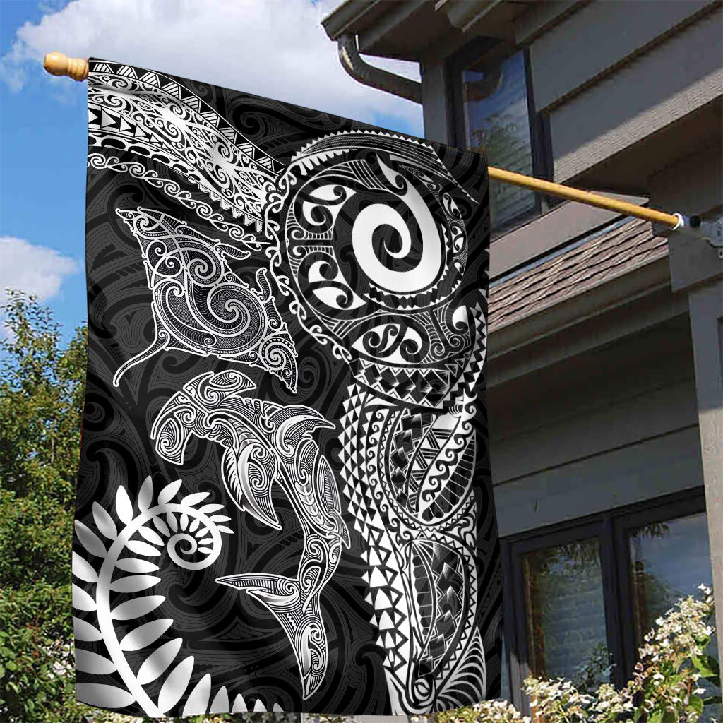 Aotearoa Maori Sea Animals Tribal Garden Flag Manta Ray and Shark Moko Pattern Black Color