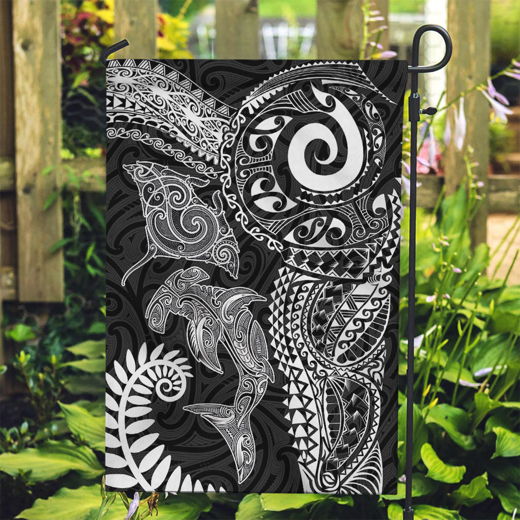 Aotearoa Maori Sea Animals Tribal Garden Flag Manta Ray and Shark Moko Pattern Black Color