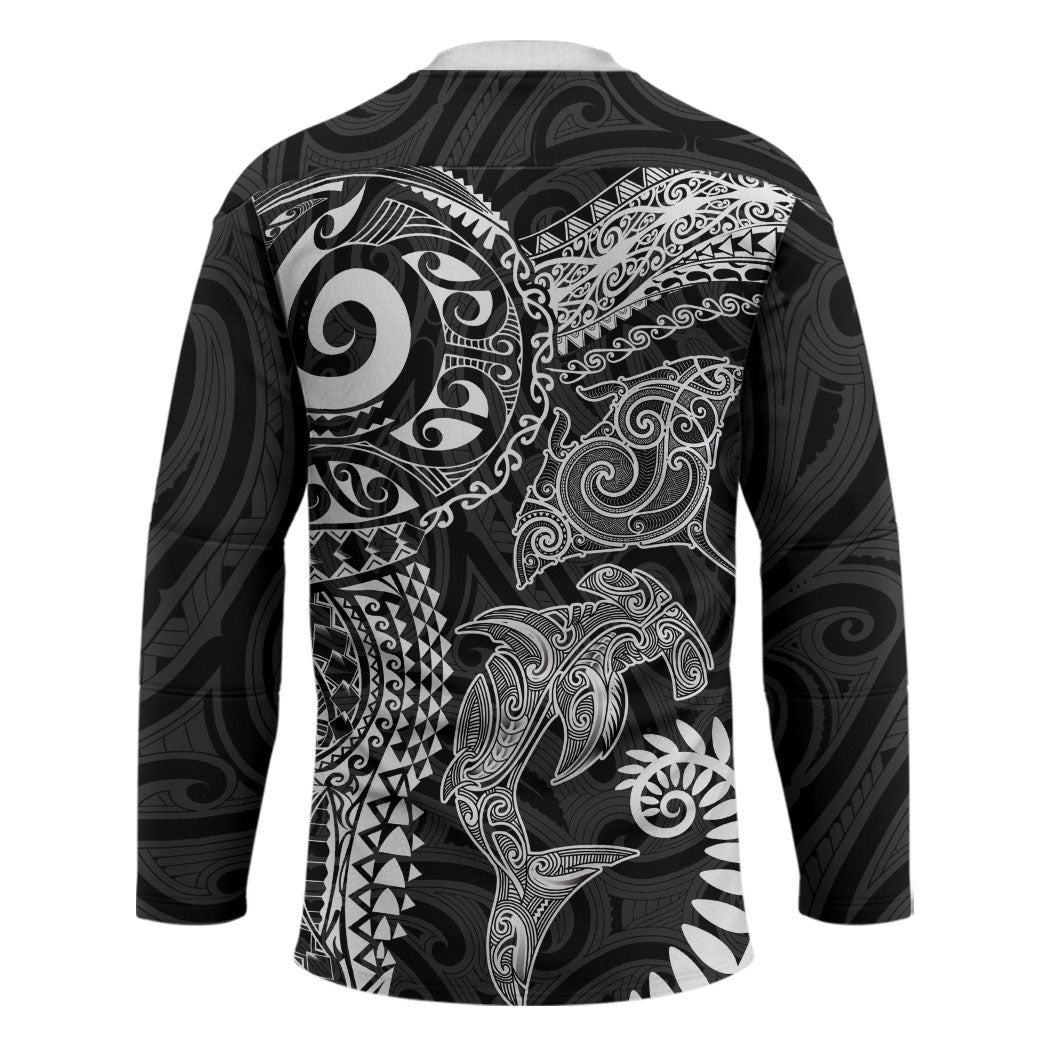 Aotearoa Maori Sea Animals Tribal Hockey Jersey Manta Ray and Shark Moko Pattern Black Color