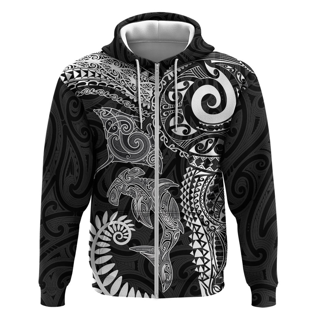 Aotearoa Maori Sea Animals Tribal Hoodie Manta Ray and Shark Moko Pattern Black Color LT03 Zip Hoodie Black - Polynesian Pride