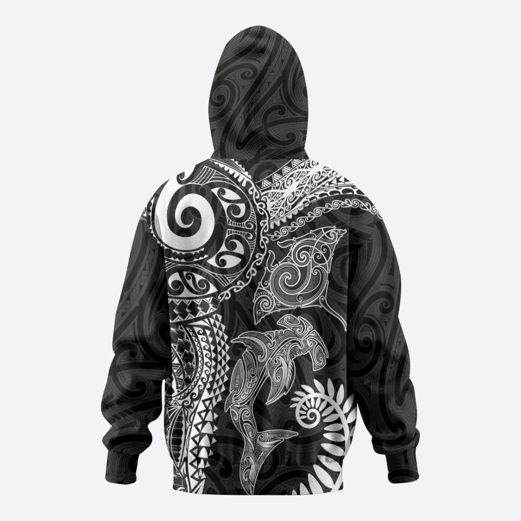 Aotearoa Maori Sea Animals Tribal Hoodie Manta Ray and Shark Moko Pattern Black Color LT03 - Polynesian Pride