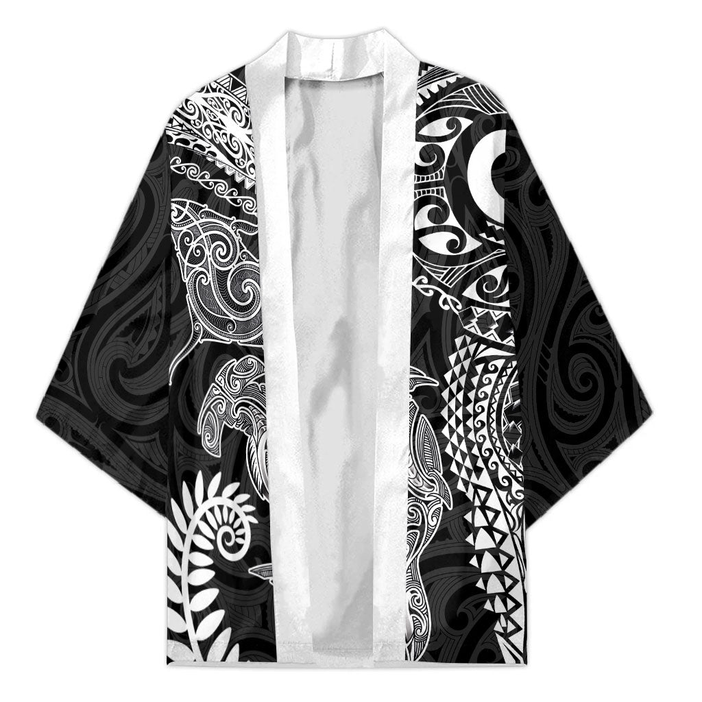 Aotearoa Maori Sea Animals Tribal Kimono Manta Ray and Shark Moko Pattern Black Color