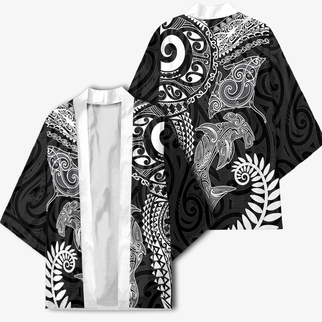 Aotearoa Maori Sea Animals Tribal Kimono Manta Ray and Shark Moko Pattern Black Color