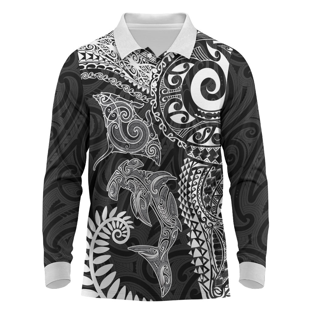 Aotearoa Maori Sea Animals Tribal Long Sleeve Polo Shirt Manta Ray and Shark Moko Pattern Black Color