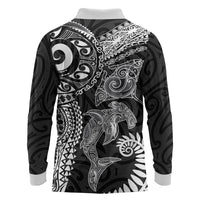 Aotearoa Maori Sea Animals Tribal Long Sleeve Polo Shirt Manta Ray and Shark Moko Pattern Black Color