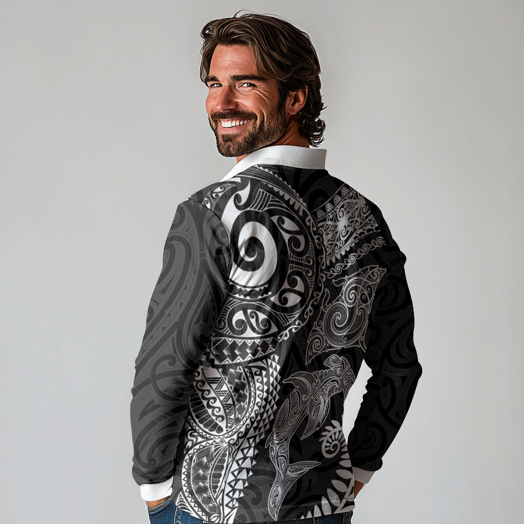 Aotearoa Maori Sea Animals Tribal Long Sleeve Polo Shirt Manta Ray and Shark Moko Pattern Black Color