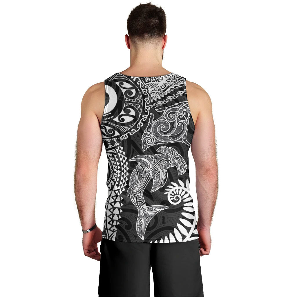 Aotearoa Maori Sea Animals Tribal Men Tank Top Manta Ray and Shark Moko Pattern Black Color