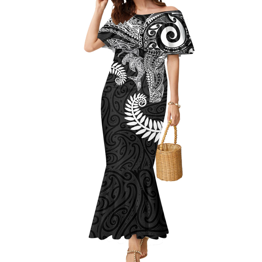 Aotearoa Maori Sea Animals Tribal Mermaid Dress Manta Ray and Shark Moko Pattern Black Color LT03 Women Black - Polynesian Pride