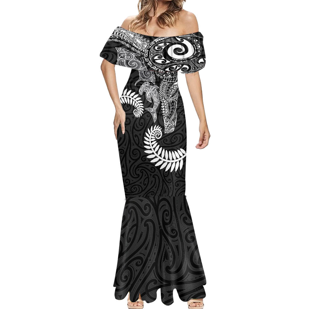 Aotearoa Maori Sea Animals Tribal Mermaid Dress Manta Ray and Shark Moko Pattern Black Color LT03 - Polynesian Pride