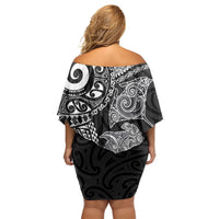 Aotearoa Maori Sea Animals Tribal Off Shoulder Short Dress Manta Ray and Shark Moko Pattern Black Color
