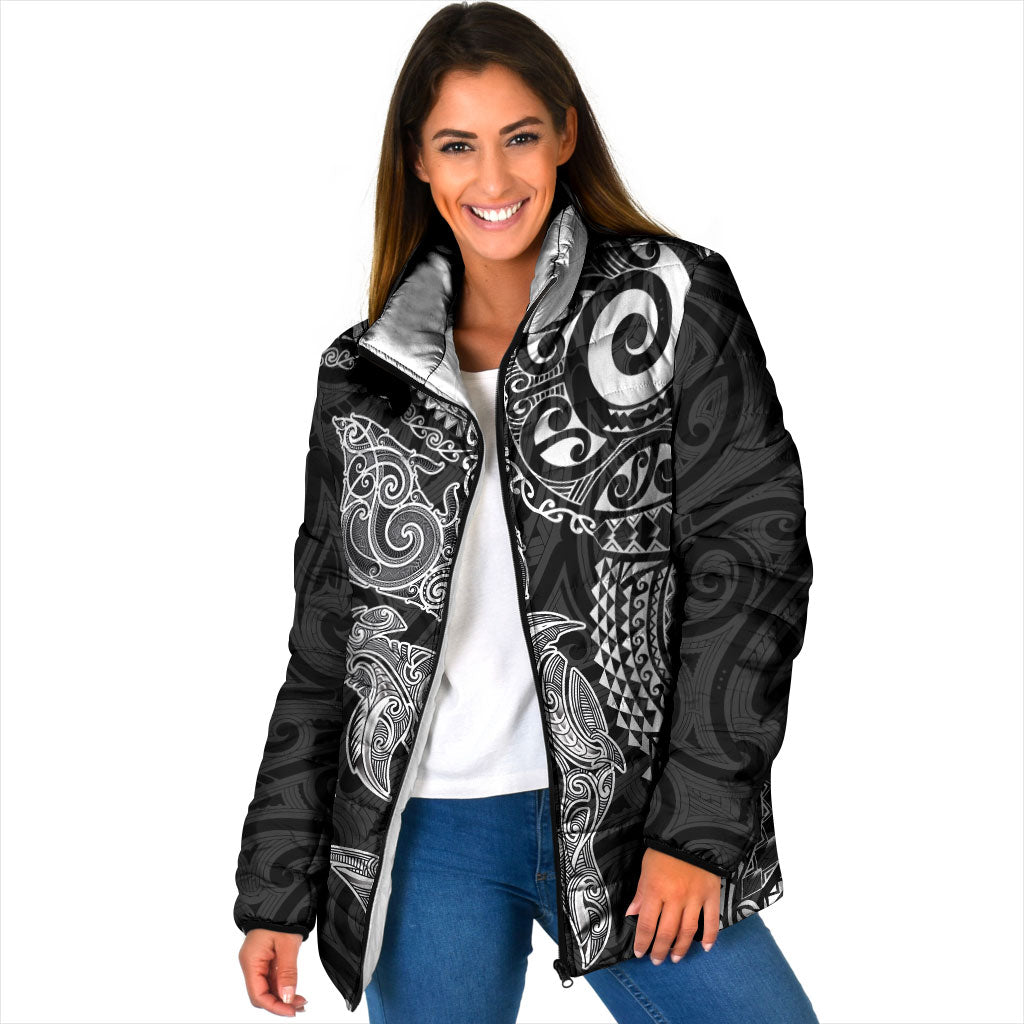 Aotearoa Maori Sea Animals Tribal Padded Jacket Manta Ray and Shark Moko Pattern Black Color