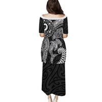 Aotearoa Maori Sea Animals Tribal Puletasi Manta Ray and Shark Moko Pattern Black Color