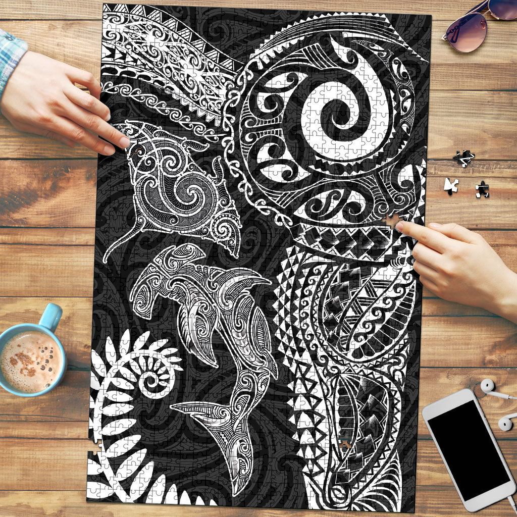 Aotearoa Maori Sea Animals Tribal Puzzle Manta Ray and Shark Moko Pattern Black Color