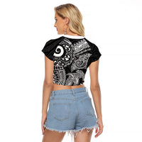 Aotearoa Maori Sea Animals Tribal Raglan Cropped T Shirt Manta Ray and Shark Moko Pattern Black Color