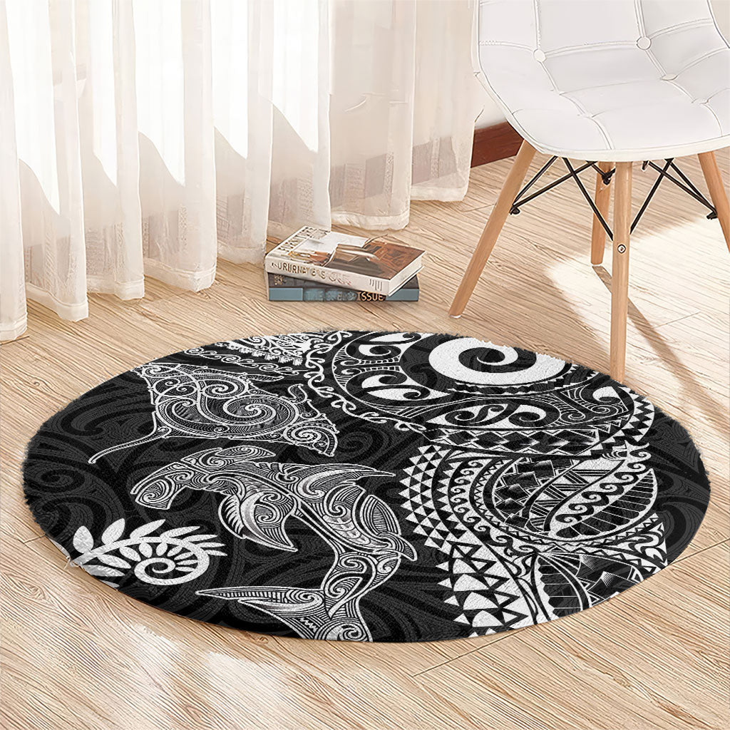 Aotearoa Maori Sea Animals Tribal Round Carpet Manta Ray and Shark Moko Pattern Black Color