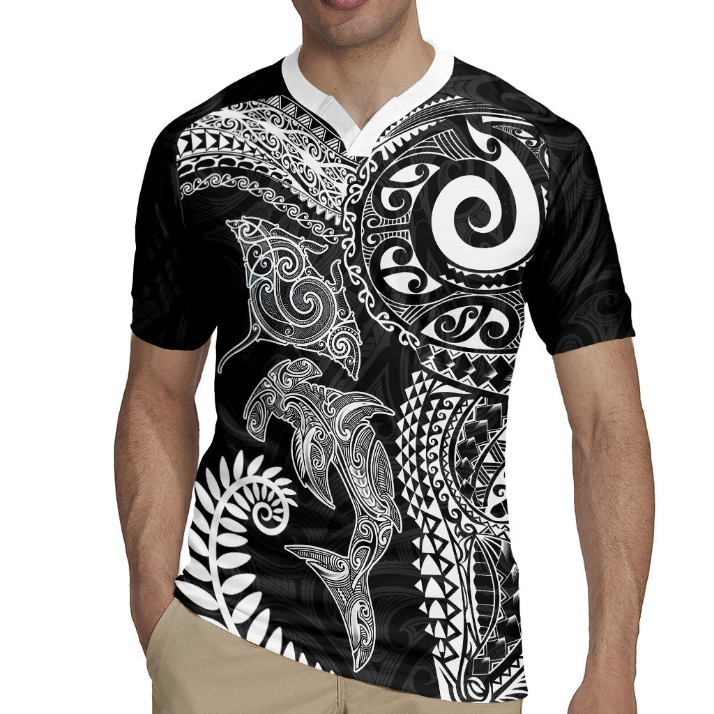 Aotearoa Maori Sea Animals Tribal Rugby Jersey Manta Ray and Shark Moko Pattern Black Color