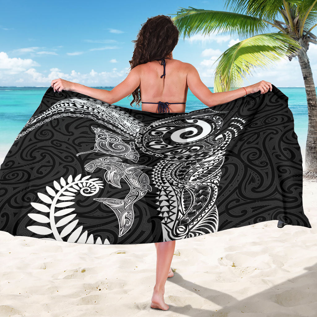 Aotearoa Maori Sea Animals Tribal Sarong Manta Ray and Shark Moko Pattern Black Color