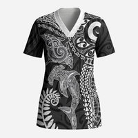 Aotearoa Maori Sea Animals Tribal Scrub Top Manta Ray and Shark Moko Pattern Black Color