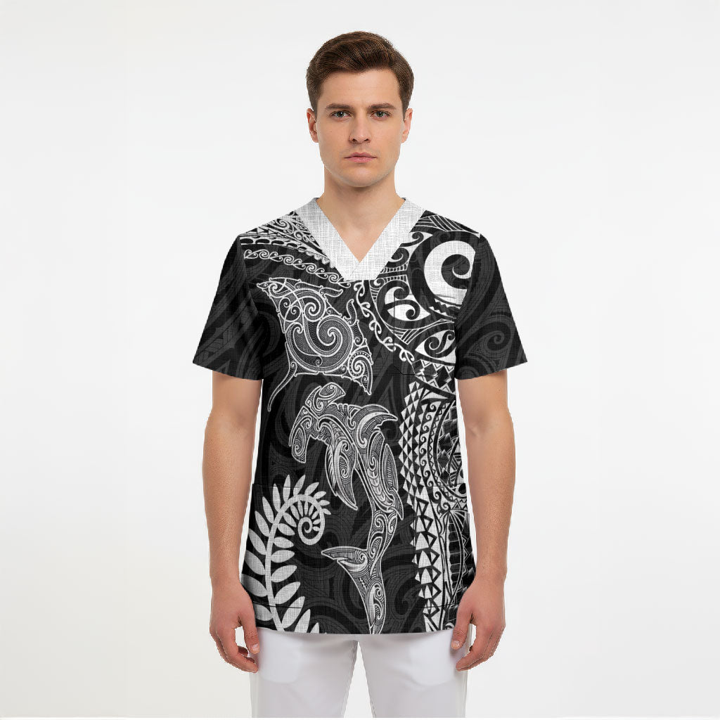 Aotearoa Maori Sea Animals Tribal Scrub Top Manta Ray and Shark Moko Pattern Black Color