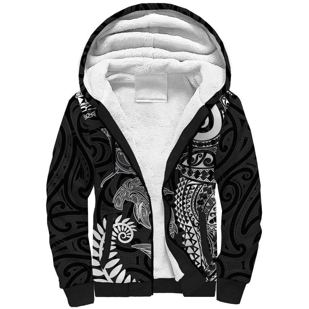 Aotearoa Maori Sea Animals Tribal Sherpa Hoodie Manta Ray and Shark Moko Pattern Black Color