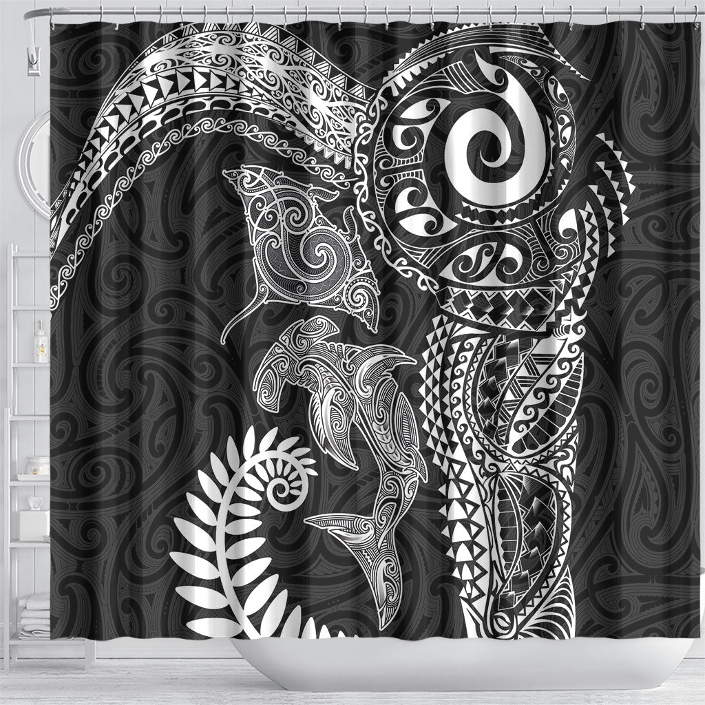 Aotearoa Maori Sea Animals Tribal Shower Curtain Manta Ray and Shark Moko Pattern Black Color