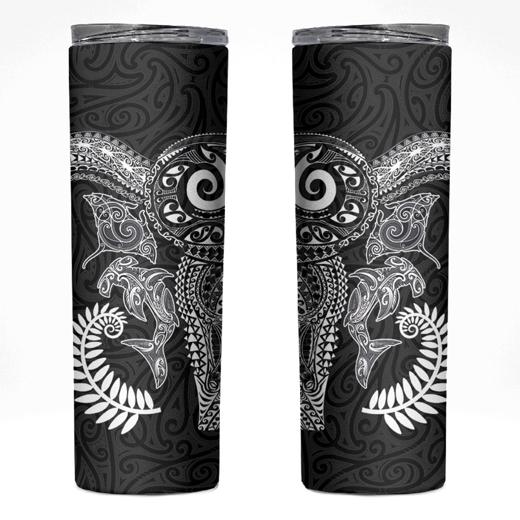 Aotearoa Maori Sea Animals Tribal Skinny Tumbler Manta Ray and Shark Moko Pattern Black Color LT03 Black - Polynesian Pride