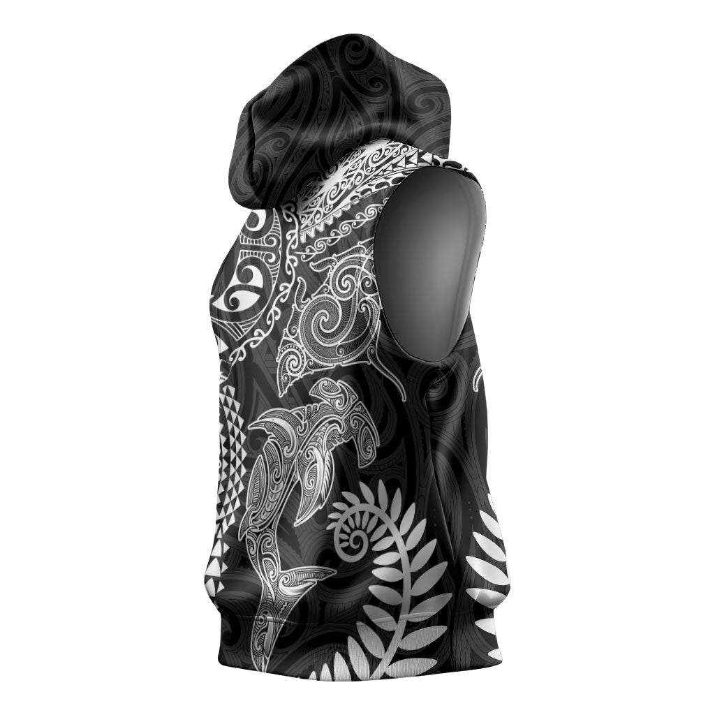 Aotearoa Maori Sea Animals Tribal Sleeveless Hoodie Manta Ray and Shark Moko Pattern Black Color LT03 - Polynesian Pride
