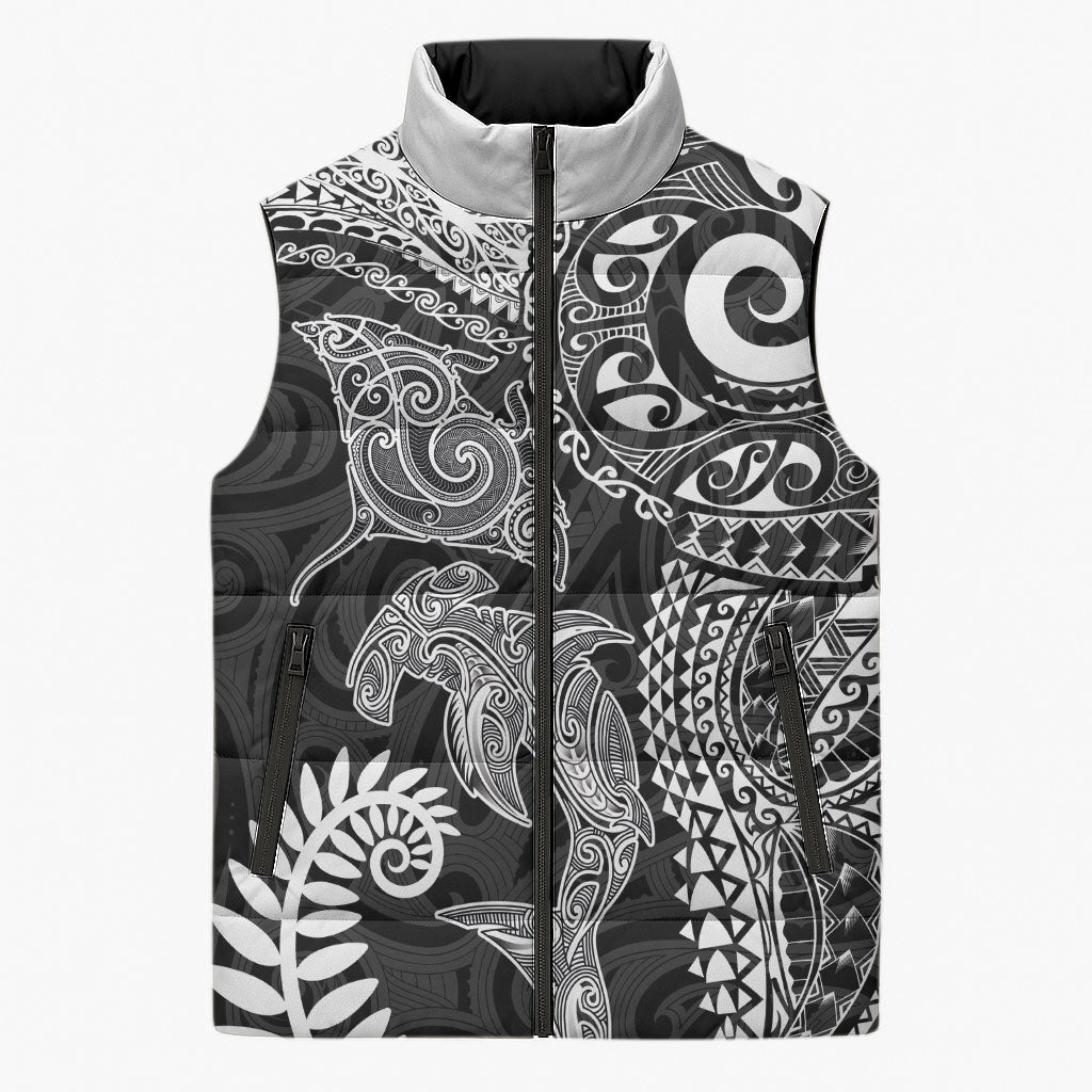 Aotearoa Maori Sea Animals Tribal Sleeveless Puffer Jacket Manta Ray and Shark Moko Pattern Black Color