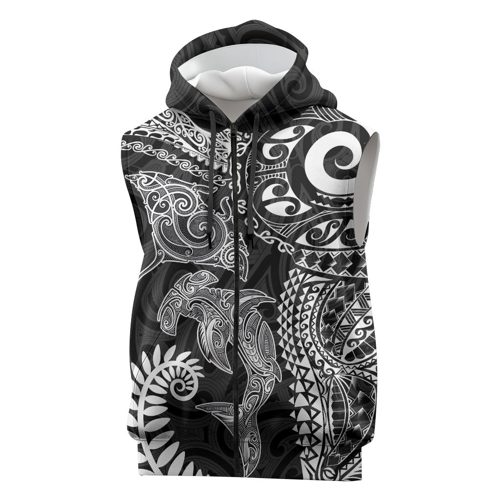 Aotearoa Maori Sea Animals Tribal Sleeveless Zip Hoodie Manta Ray and Shark Moko Pattern Black Color