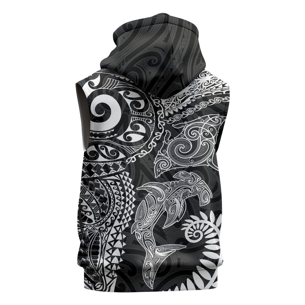 Aotearoa Maori Sea Animals Tribal Sleeveless Zip Hoodie Manta Ray and Shark Moko Pattern Black Color
