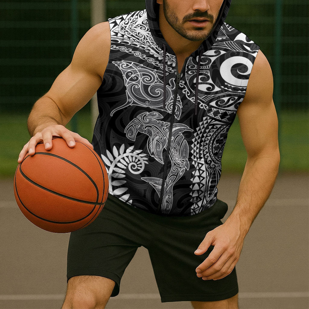 Aotearoa Maori Sea Animals Tribal Sleeveless Zip Hoodie Manta Ray and Shark Moko Pattern Black Color