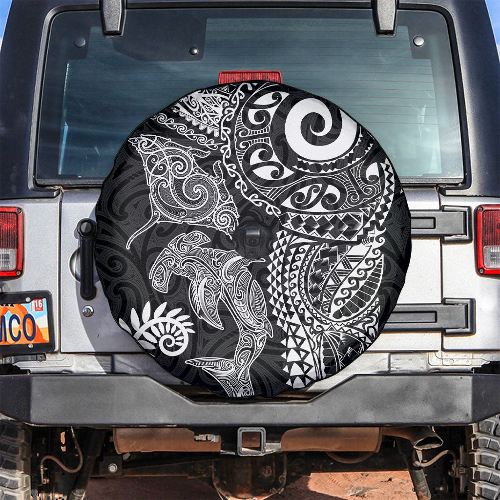 Aotearoa Maori Sea Animals Tribal Spare Tire Cover Manta Ray and Shark Moko Pattern Black Color