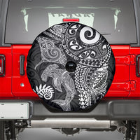 Aotearoa Maori Sea Animals Tribal Spare Tire Cover Manta Ray and Shark Moko Pattern Black Color