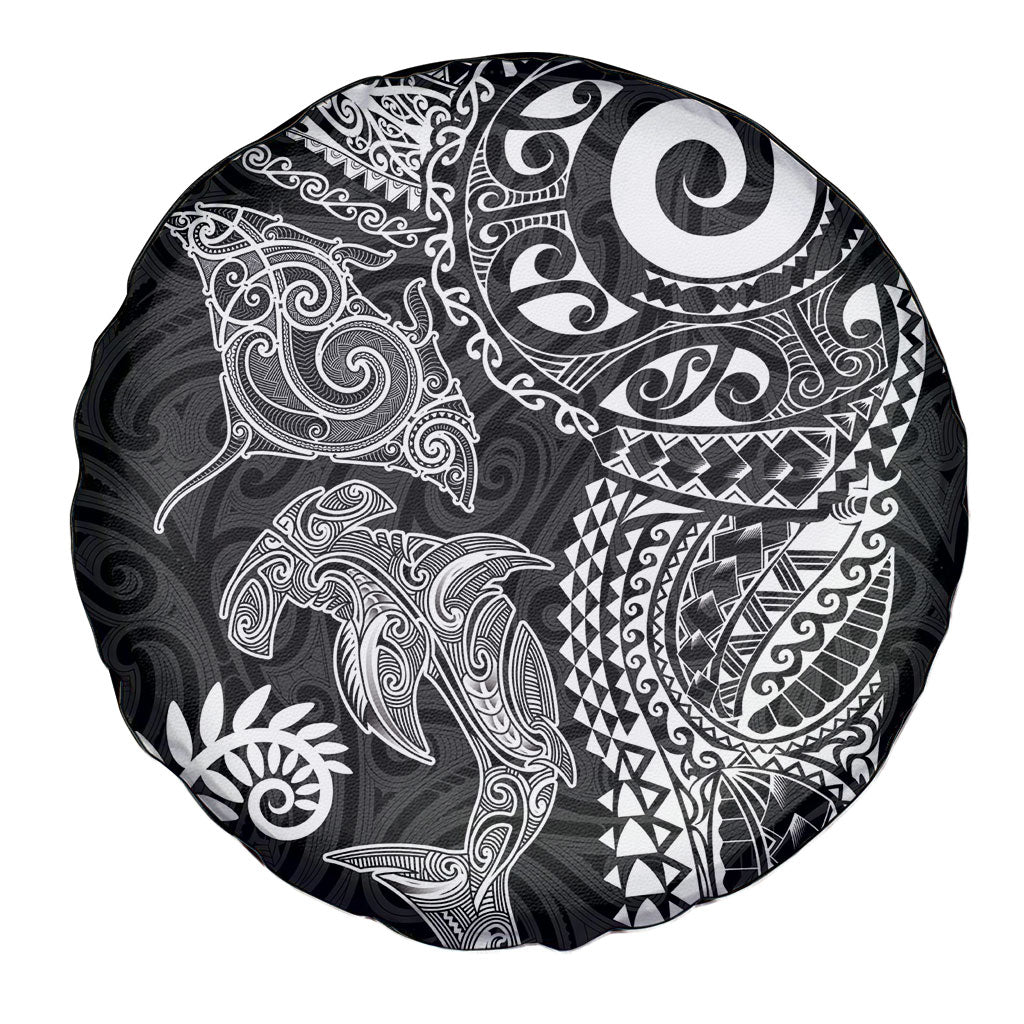 Aotearoa Maori Sea Animals Tribal Spare Tire Cover Manta Ray and Shark Moko Pattern Black Color