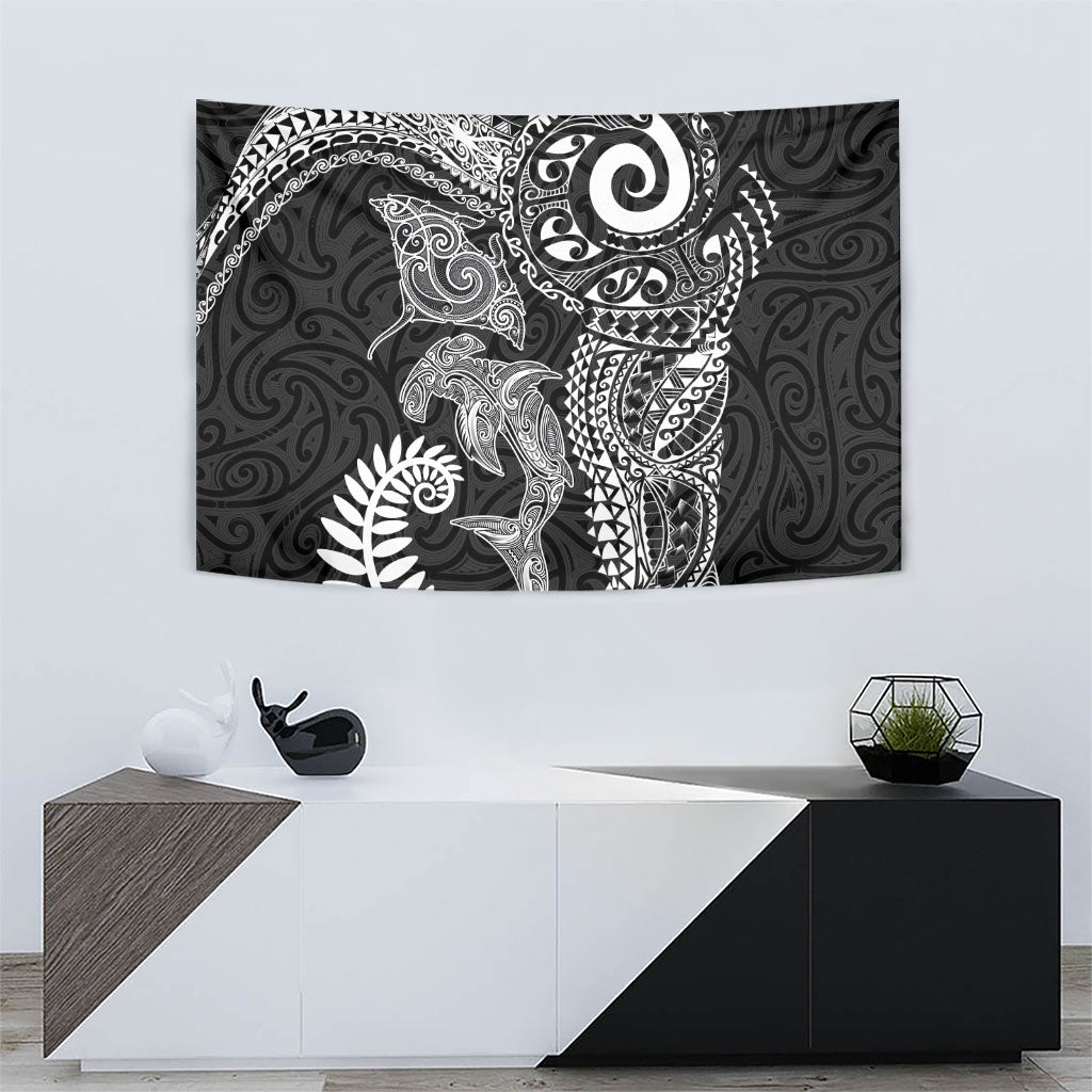 Aotearoa Maori Sea Animals Tribal Tapestry Manta Ray and Shark Moko Pattern Black Color
