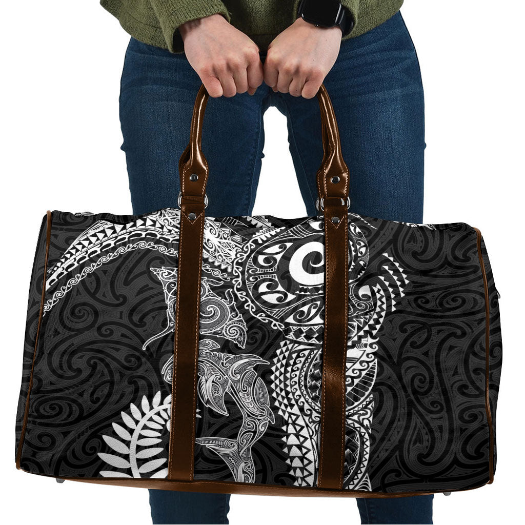 Aotearoa Maori Sea Animals Tribal Travel Bag Manta Ray and Shark Moko Pattern Black Color