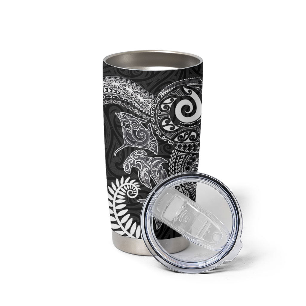 Aotearoa Maori Sea Animals Tribal Tumbler Cup Manta Ray and Shark Moko Pattern Black Color