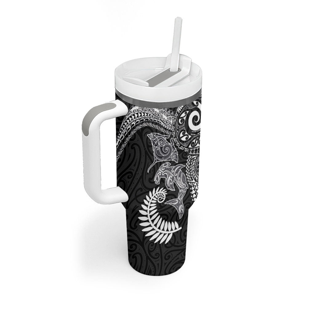 Aotearoa Maori Sea Animals Tribal Tumbler With Handle Manta Ray and Shark Moko Pattern Black Color