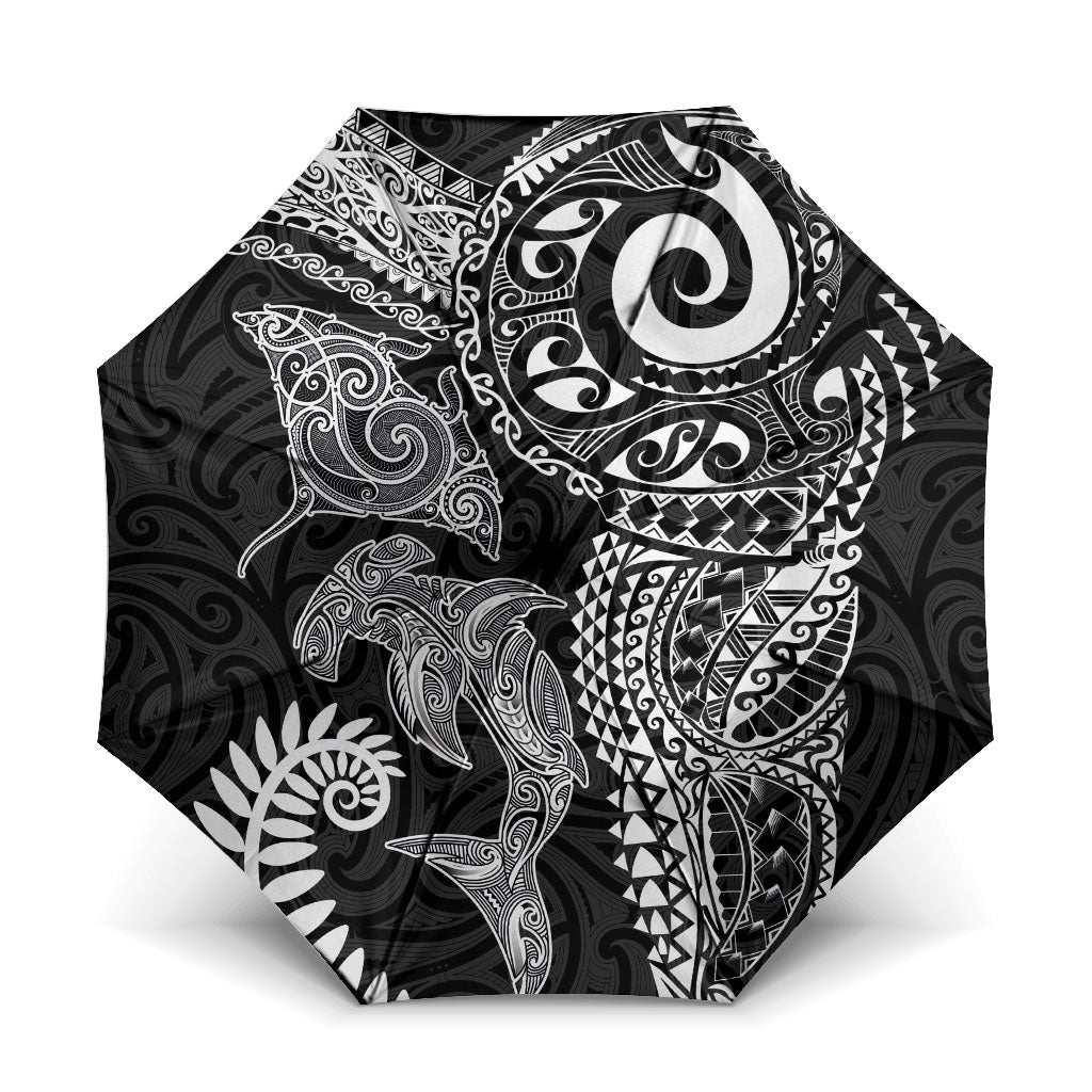 Aotearoa Maori Sea Animals Tribal Umbrella Manta Ray and Shark Moko Pattern Black Color
