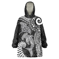 Aotearoa Maori Sea Animals Tribal Wearable Blanket Hoodie Manta Ray and Shark Moko Pattern Black Color