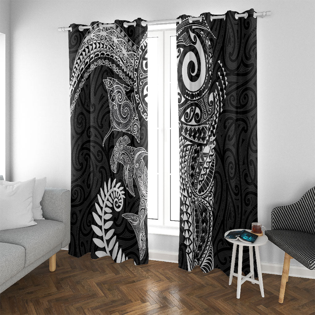 Aotearoa Maori Sea Animals Tribal Window Curtain Manta Ray and Shark Moko Pattern Black Color