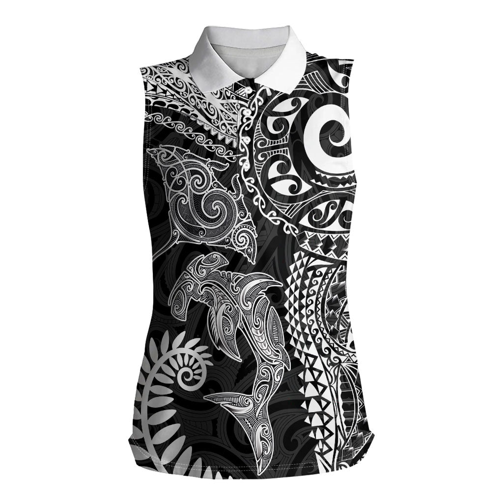 Aotearoa Maori Sea Animals Tribal Women Sleeveless Polo Shirt Manta Ray and Shark Moko Pattern Black Color