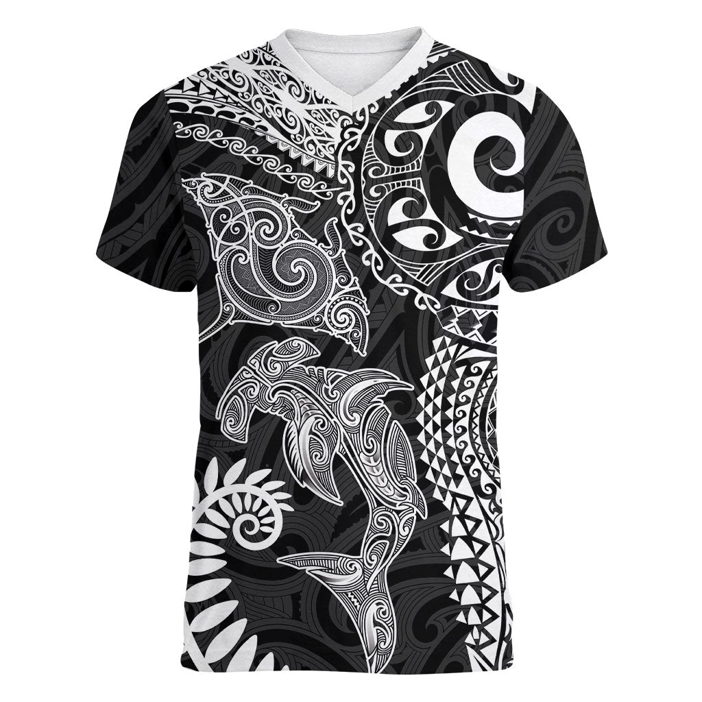 Aotearoa Maori Sea Animals Tribal Women V-Neck T-Shirt Manta Ray and Shark Moko Pattern Black Color