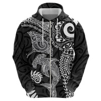Aotearoa Maori Sea Animals Tribal Zip Hoodie Manta Ray and Shark Moko Pattern Black Color